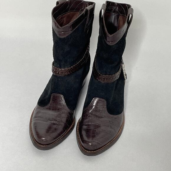 Brighton Boots Short Cowboy Western Brown Croc Leather Black Suede - Picture 6 of 11